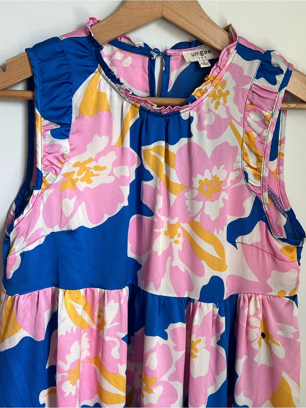 Umgee | Blue Flowy Lightweight Dress with Large Pink and Yellow Print Size S - Picture 4 of 17